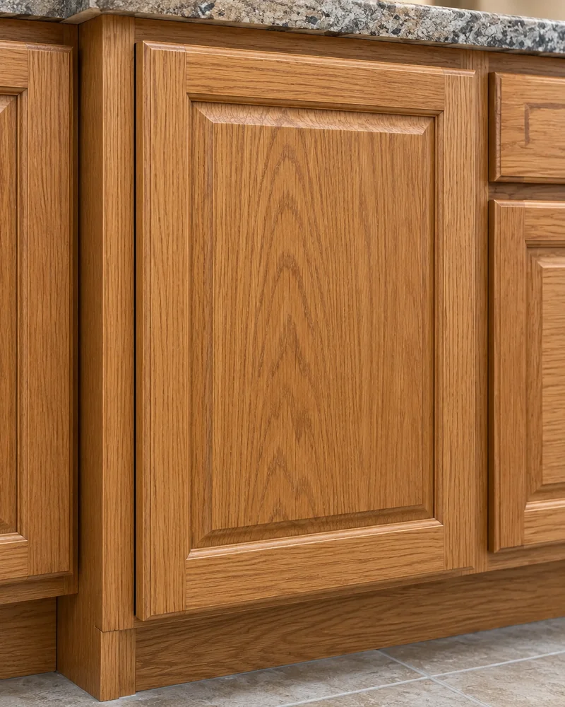 Closed cabinet door showing its long hinge-side edge and the cabinet edge beside it