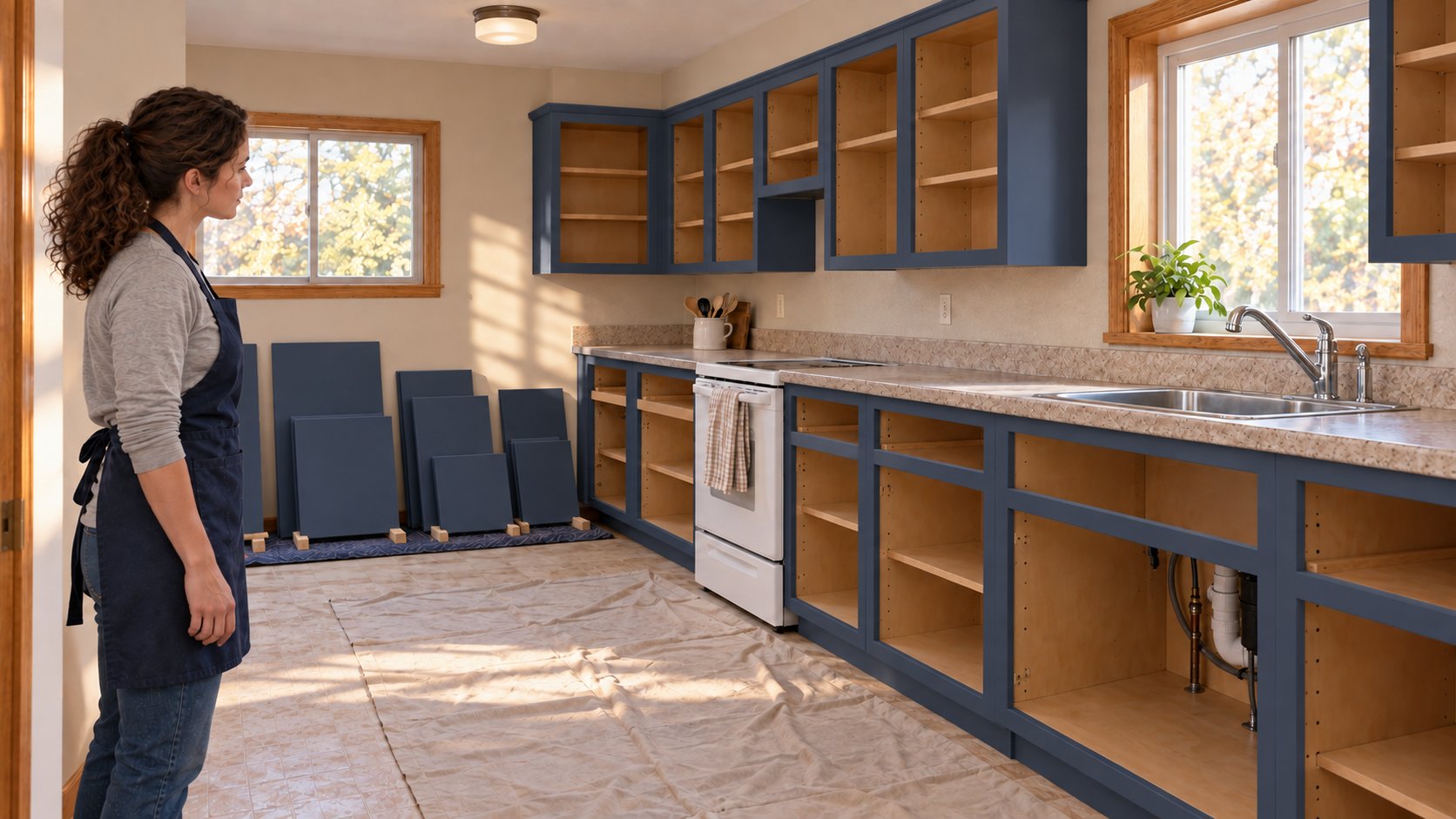 Cabinet boxes painted navy with the new fronts leaning ready, the painter looking on
