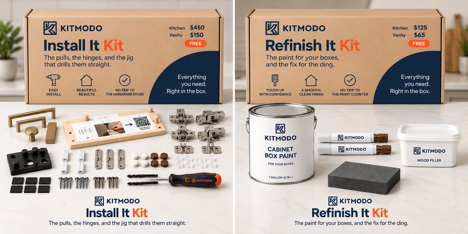 The Install It Kit and the Refinish It Kit with their contents laid out