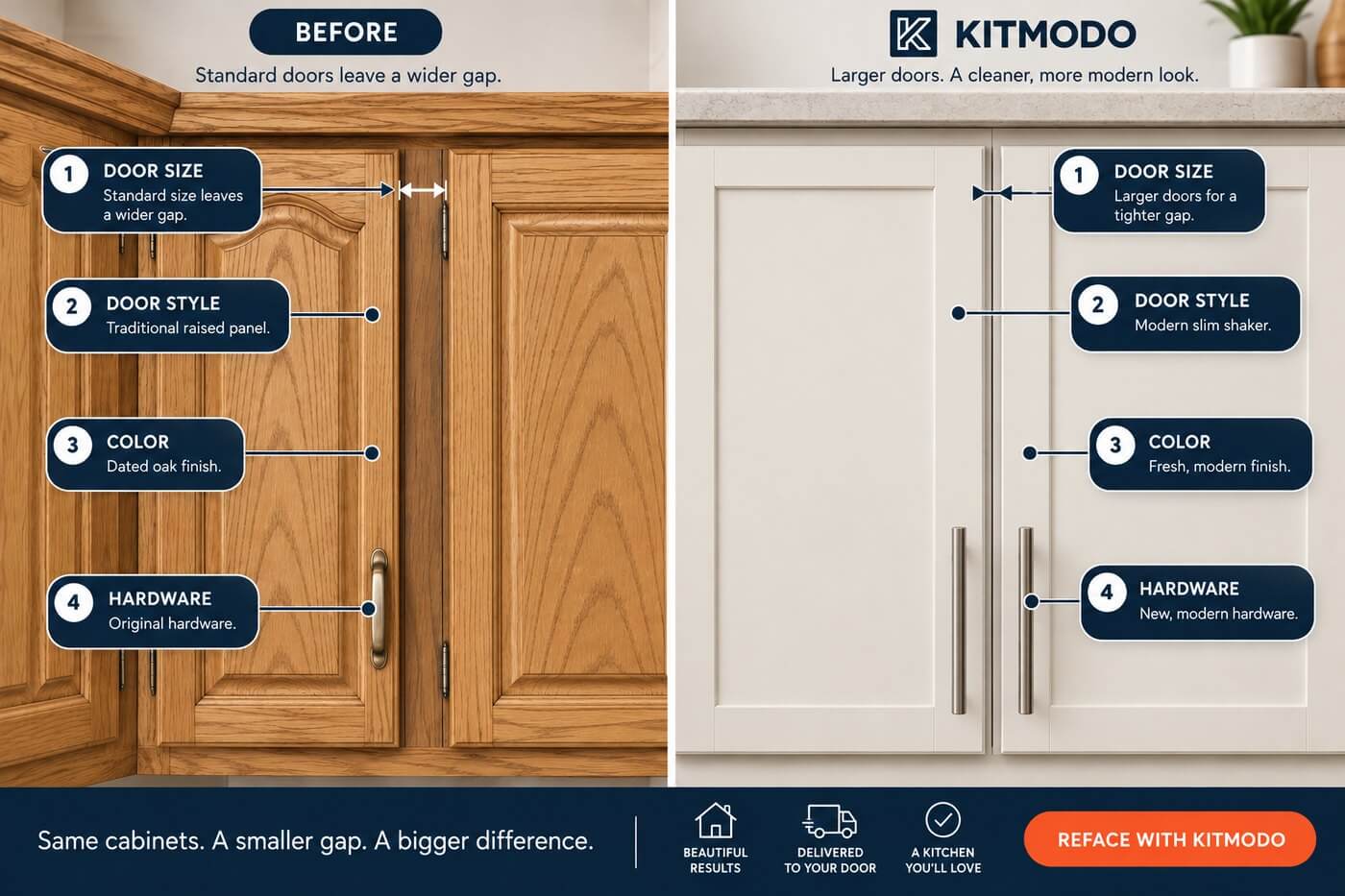 Before and after cabinet modernization showing door spacing, style, finish and hardware